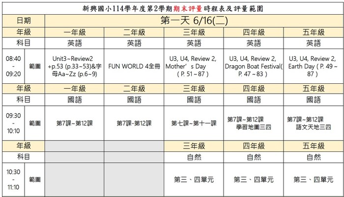 第一天時程及命題範圍