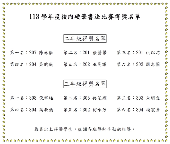 113學年度校內硬筆書法比賽得獎名單